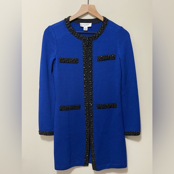ST. JOHN EVENING Cobalt Blue Wool Black Embellished Jacket Dress - Picture 5 of 10